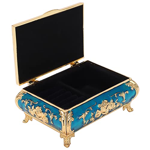 Tomotato Joyero Vintage, 9,5 x 7 x 4cm Pequeño Joyero Decorativo de Metal, Joyero Anillo Pendientes Estuche Organizador para Mujeres y Niñas(Azul)