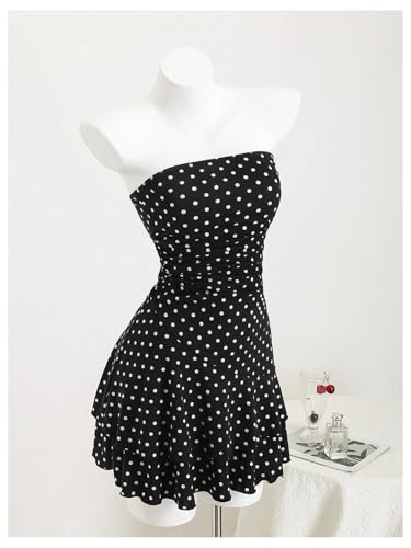 Milumia Women's Polka Dots Ruffle Hem Tube Mini Dress Backless Ruched A Line Party Club Strapless Short Dresses3