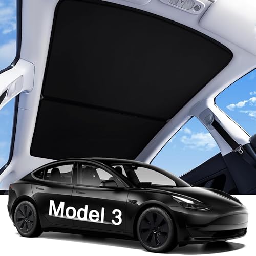 LOWEEY 2026 Upgraded Tesla Model 3 Sunshade Roof UPF200+ Roof Sunshade with Storage Bag No-Sag & No-Gaps Heat Insulation Foldable Glass Roof Sun Shade Tesla Model 3 Accessories MY20-23 Black