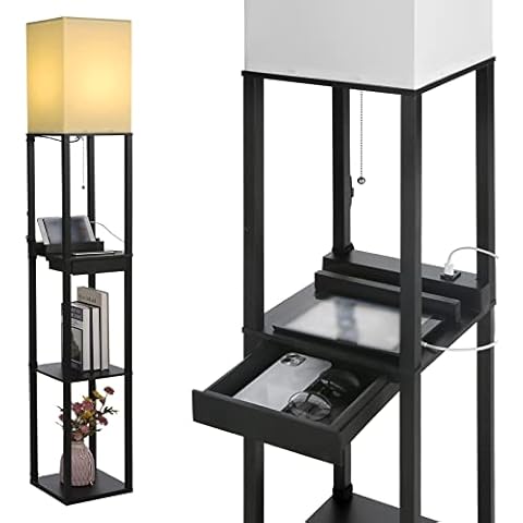 Neoglint Floor Lamp with Shelves,Modern Dimmable Solid Wood Standing Lamp Both with 1 Drawer and 2 USB Charging Ports,Corner Tall Bookshelf Lamp for Living Room and Bedroom(Black) Cover