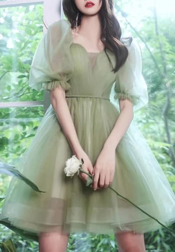 A Line Puffy Sleeves Homecoming Cocktail Dress for Women, Ruffled Short Tulle Party Dress Off Shoulder Formal Gown3