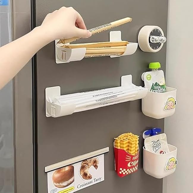 Self Adhesive Kitchen Storage Rack Space-Saving Organizer for Trash Bag Foil Wraps Rolling Pin Wall Mounted Storage Box Shelves No-Drill Cabinet Door Storage Solution for Kitchen Bathroom 2 Sets