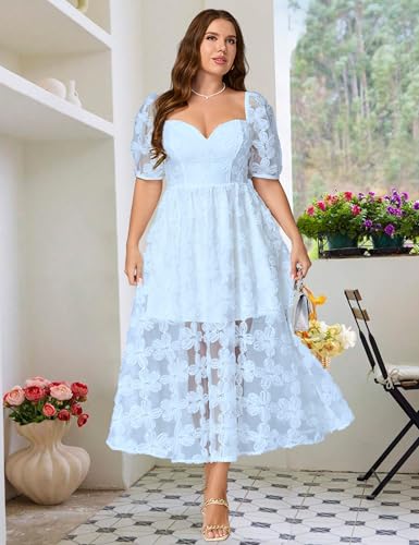Image of EYWOL Formal Wedding Guest Cocktail Party Floral Embroidered Dress M-3XL | Embroidered,Floral,Sheer A-Line,Maxi,Sweetheart Neckline,Puff Sleeves,Tie Back, Parties,Wedding,Formal,Cocktail,Occasions