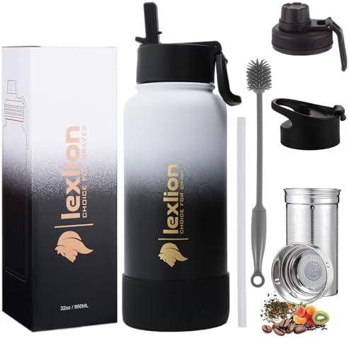 Lexlion Tea Infuser Water Bottle 32 Oz – Triple Wall Insulated Stainless Steel, Loose Leaf & Fruit Strainer, 3 Leakproof Lids, BPA-Free Silicone Sleeve, Reusable Thermal Mug