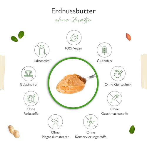 Erdnussbutter Crunchy - 1kg natürliche Peanut Butter Ohne Zusätze - High Protein - Erdnussmus ohne Zusätze von Salz, Öl oder Palmfett - Vegan