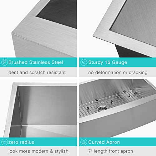 Jassferry Apron Front Farmhouse Kitchen Sink 16-Gauge Stainless Steel 33-Inch Rounded Curved Undermount Farm Sink With Single Bowl Bottom Grid, 33" X 21" X 10" #TOP5