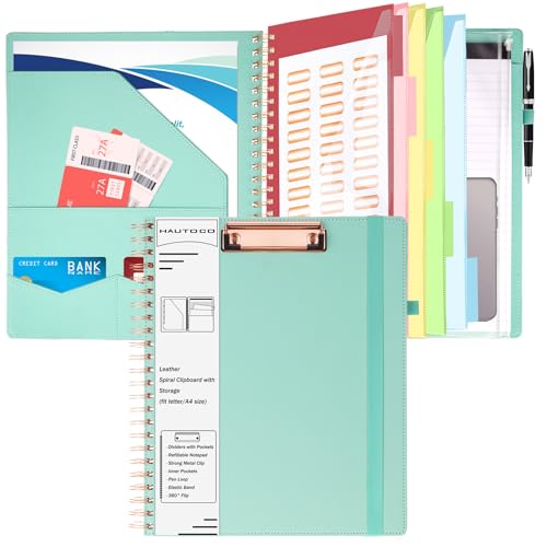 Image of HAUTOCO Leather Clipboard Folio, Spiral Organizer with Notepad & Storage