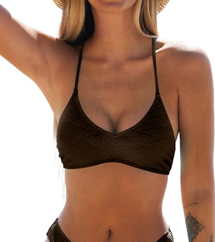 Image of CUPSHE Womens V Neck Textured Bikini Top Crssback Swimsuit | Self Tie,Soft Removable Cups,Spaghetti Straps,Flattering Bathing Suit For Vacation And Beach