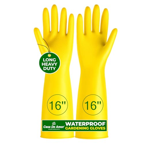 Image of Casa De Amor 16 Inch Long Heavy Duty Latex Rubber Gardening Gloves - Waterproof & Reusable Garden Gloves for Home, Farming, Agriculture & Dairy Use - 0.55mm Thick, Yellow (1 Pair)