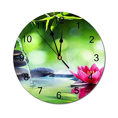 Wall Clock Silent Non Ticking PVC Clocks, Spa Stones and Waterlily with Fountain in Garden C 16, Battery Operated 12in(30cm), Round Farmhouse Clock, Rustic Clocks Decor, Made in The USA