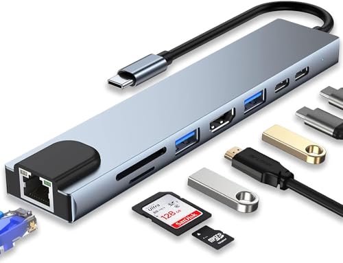 Image of USB HUB USB C Hub, 8-in-1 USB C Adapter with 4K HDMI, 100W PD, USB C Port, USB 3.0,RJ45 Ethernet, SD /TF Card Reader, Docking Station USB C Laptops and Other Type-C Devices (USB C to 8 in 1 HUB)