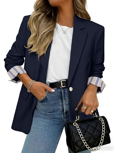 Simplee Blazer for Women Casual Long Sleeve Work Business Blazers Striped Cuff Suit Jacket with Pockets 2026 (Navy Blue M)