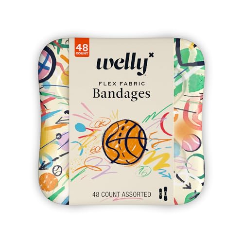 Welly Bandages | Adhesive Flexible Fabric Bravery Badges | Assorted Shapes for Minor Cuts Scrapes and Wounds | Colorful and Fun First Aid Tin | Sports Patterns - 48 Count