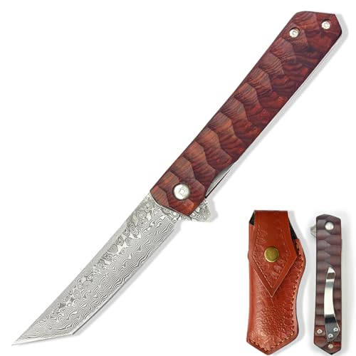 JINPIKER Klappmesser,Damast Taschenmesser mit Damaststahl Klinge, Holzgriff,Flipper, Messerscheide Leder - Scharf Einhandmesser EDC Messer für Outdoor Survival Camping Jagd JINPIKER Klappmesser,Damast Taschenmesser mit Damaststahl Klinge, Holzgriff,Flipper, Messerscheide Leder - Scharf Einhandmesser EDC Messer für Outdoor Survival Camping Jagd