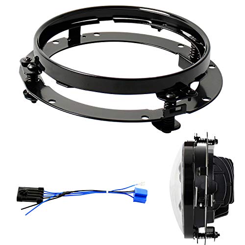 Soporte de Montaje de Anillo de Faro Redondo de 7 Pulgadas Negro + Cable Adaptador, para Montaje de Faro de Motocicleta(Soporte de Montaje)