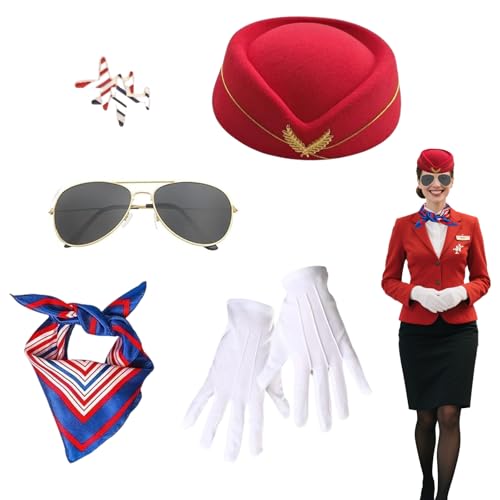 SHIQUAN Frauen Flugbegleiterin Kostüm Zubehör Stewardess Kostüm Damen Flight Attendant mit Stewardessenmütze Handschuhe Sonnenbrille Fibeln (Rot)