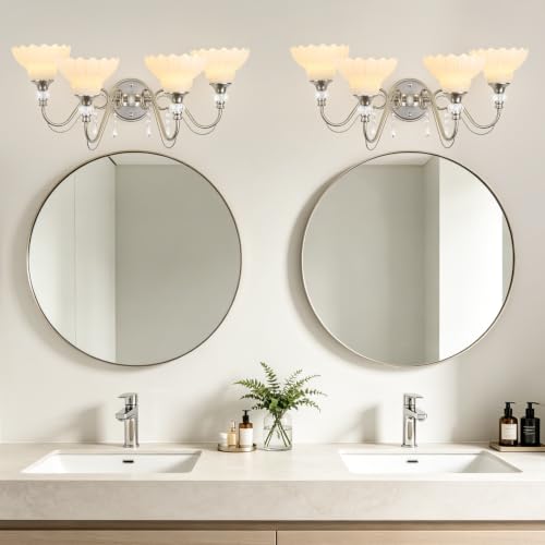 Image of Brushed Nickel Bathroom Vanity Light, 4-Light Nickel Finish Wall Sconce with Hanging Crystal Accents and Flower-Shaped White Glass Shades, Modern Wall Mount Vanity Light Over Mirror for Bathroom