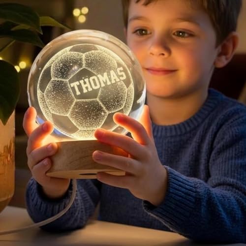Image of Personalized Soccer Crystal Ball Night Light, Custom Soccer Dad LED Lamp with Name, Engraved Ball Gift, Kids Teens Room Decor