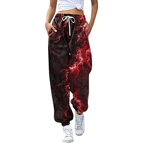 Yoga Pants for Women Casual Retro Drawstring Pant Ladies Loose Color Block Printed Sports Trousers Workout Gym Pants (A2 Red, XXXL)