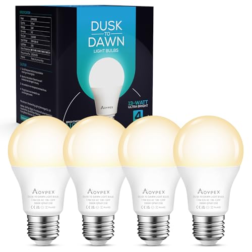 Aovpex Dusk to Dawn LED Outdoor Light Bulbs, 13W 1100LM(100W Equivalent), A19 Sensor LED Bulb, E26 3000K Soft White Day Night Bulbs, Auto ON/Off, Sensor Lighting for Porch Garage Front Door, 4 Pack