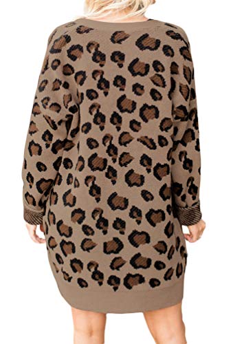 Women's Long Sleeve Open Front Leopard Print Cardigan with Pockets (Small, Brown)