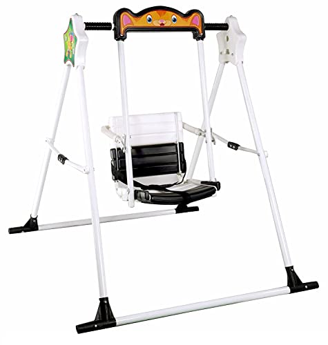 Image of BabyGo Kids Swing for 1-5 Years | Heavy-Duty Metal Frame Baby Swing Seat with Safety Belt | Indoor & Outdoor Foldable Toddler Swing | 30kg Capacity | Easy DIY Installation - Black & White