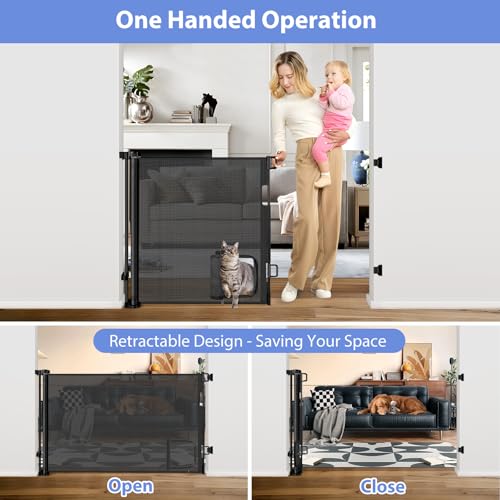 Retractable Baby Gates with Cat Door 80\" Wide Retractable Dog Gate with Pet Door Outdoor Retractable Gate for Dogs Retractable Pet Gate with Door Mesh Baby Gate Retractable Mesh Dog Gate (Black)