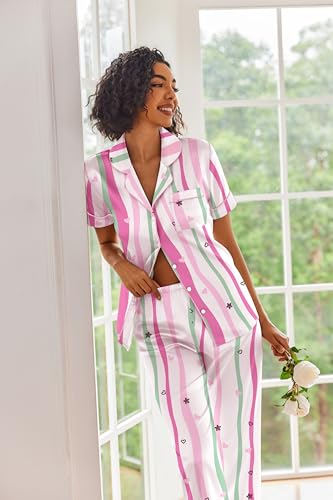Image of Ekouaer 2 Piece Satin Short Sleeve Pajamas Set Button Down Sleepwear | Soft Pjs Set Classic Loungewear for Wedding, Party, Home, Daily Wear, Date Nights