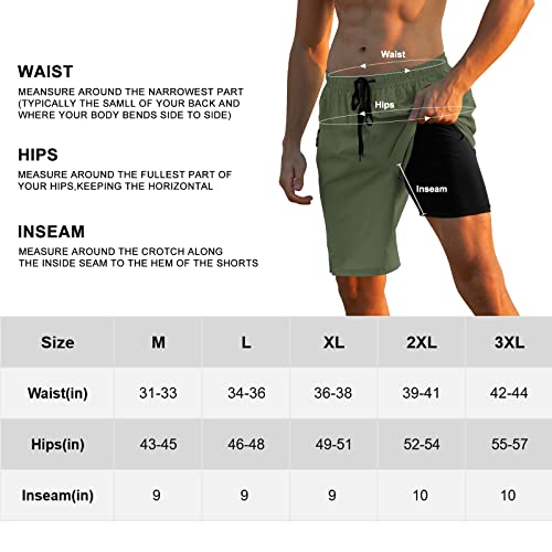 Cozople Mens Swimming Shorts With Compression Liner Slim Fit Swim Shorts Above Knee Length Bathing Suit Quick Dry Swimwear Beach Board Shorts With Side Zipper Pockets Army Green #TOP3