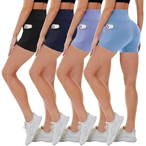 CAMPSNAIL 4 Pack Biker Shorts Women with Pockets – 5"/8" High Waist Tummy Control Workout Gym Yoga Running Compression Shorts 5 inch pockets Small-Medium Black/Navy Blue/Periwinkle/Light Blu