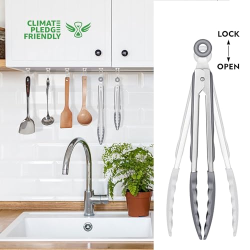 HOTEC Premium Stainless Steel Locking Kitchen Tongs with Silicon Tips, Set of 2-9" and 12" Light Grey, 2pack:light Grey, 12+9inch - Image 4