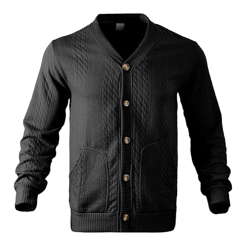 Mens Fashion Rib Cable Knitted Cardigan Shawl Long Sleeve Knitted Clothing Stand Collar Button Open Sweater (Black,XX-Large)