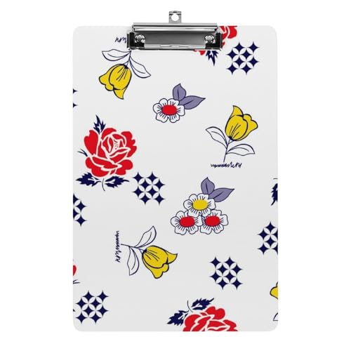 Planchette à pince porte document A4 fleurs rouges avec clip plat