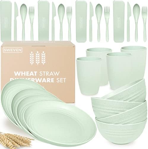 Wheat Straw Dinnerware Sets (28 pcs) | Unbreakable Dinnerware Sets | Dishwasher Microwave Safe Dinnerware | Eco Friendly Non Breakable Dinnerware Sets | Plates, Bowls, Cups, Cutlery (Green)