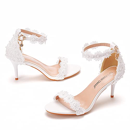 Crystal Queen Women White lace Ankle Strap High Heel Sandals Stiletto Heels Peep Toe Sandals Pump Shoes for Bride Wedding Party Evening3