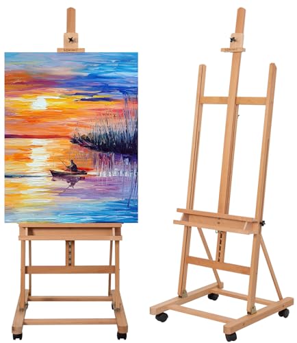 Somime H-Frame Studio Easel, Beechwood Artist Easel with Wheels and