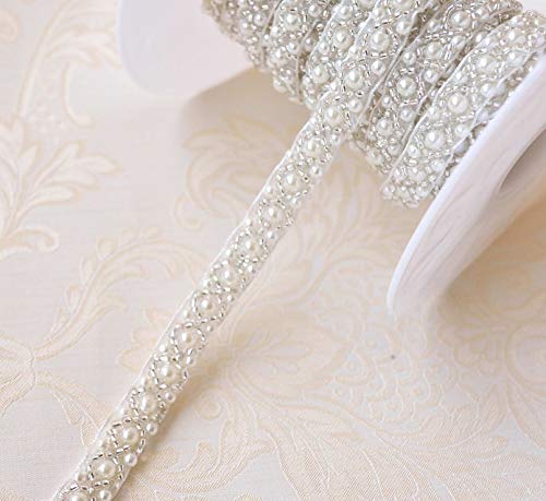Microheal HBD046MC 2 Yards Pearl Beaded Trim Bridal Lace Ribbon Trimming Edge Tape thumb #2