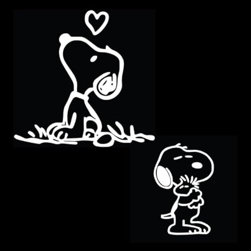 Snoophy Car Decal Set, White Vinyl Stickers, 5.0 x 4.8 and 2.7 x 4.2 inches, for Car Windows and Laptop