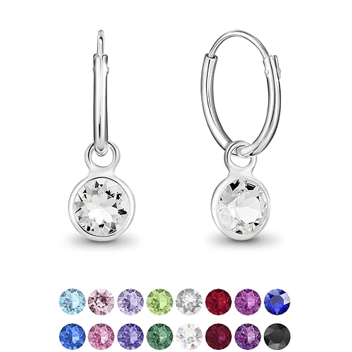 DTPsilver, Pendientes de Aro Pequeños con colgante de Cristal Swarovski,Elements Forma Redonda - Plata de Ley 925 - Diámetro Cristal : 5 mm - Diámetro Aros: 12 mm - Espesor 1.2 mm, Color cristal