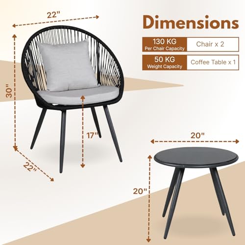 Image of DEVOKO 3 Piece Rope Patio Outdoor All Weather Furniture Conversation Bistro Set with Comfortable Cushions & Glass Top Table for Garden, Balcony, Lawn, Deck (Black & Off-White)