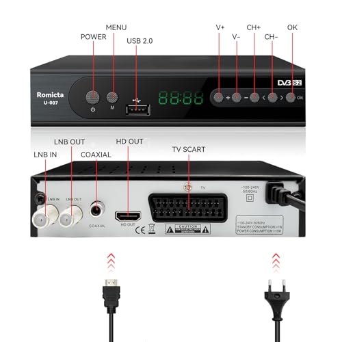 Romicta HD Receiver für Satelliten, Sat Receiver mit HDMI, DVB-S/S2, PVR, EPG, SCART, USB Mediaplayer, HDTV, YouTube, Wetter, Schwarz - HDTV Satelliten Receiver