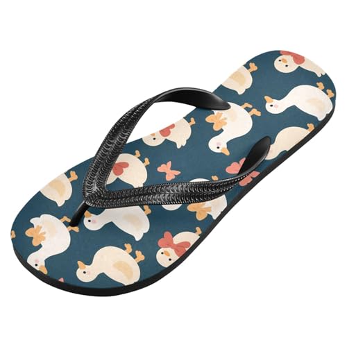 ALAZA Cute White Ducks Bow Flip Flops for Women Fashion Beach Slippers Comfort Mens Flip Flops Non-Slip Rubber Shower Slippers Sandal for Hotel Travel Sport,XS2