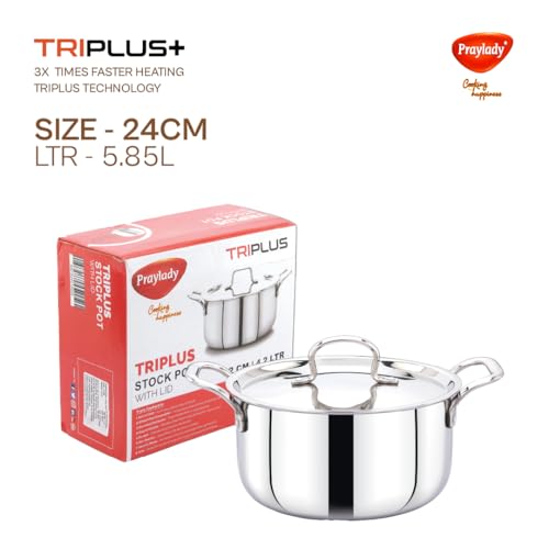 Image of Praylady TRIPLUS+ Triply Stainless Steel Stock Pot 24 cm | 5.85 L | Biryani | Handi | Casserole | Patila | Soup | Curry | Induction & Gas Compatible | with Lid
