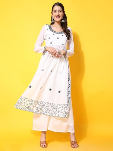 Image of PH POSHAKHUB Women A-Line Nyra Cut Kurta with Sharara in Georgette with Aari Work