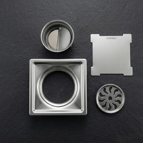Image of EVANEX Square Shower Drain Channel | 6x6 Inch Floor Drain | 304 Stainless Steel Bathroom Jali |Waste Water Bathroom Drainer with Cockroach Trap | Silver| Bathroom Accessories Set
