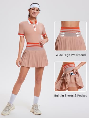 Image of Tennis Skirt Sets for Women Zipper Color Block High Waisted Golf Polo Two Piece Skirt Set Women 2 Piece Outfits