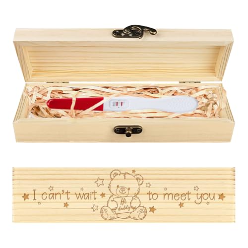 CHGCRAFT Pruebas de embarazo Oso de peluche y patrón de estrella Caja de madera para anuncios de embarazo con cinta de rafia y regalos de anuncio de bloqueo para papá marido, 8x2x1.2 pulgadas