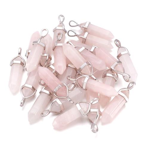 FASHEWELRY 30Pcs Bullet Shape Gemstone Pendants Natural Rose Quartz Hexagonal Chakra Crystal Pointed Quartz Charms with Platinum Alloy Loop 36~45x12mm for Necklace Earring Bracelet Making