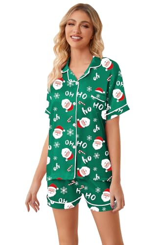 Image of Schbbbta Womens Pajamas, Satin Silk Pjs 2 Pcs Set Button-Up Short Sleeves Notched Collar Sleepwear Soft Cozy Cool Loungewear, R Christmas Santa Claus, X-Large