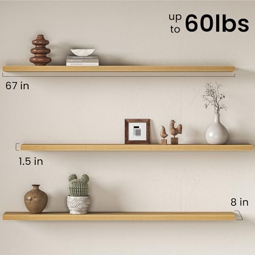 Image of Fun Memories 67Inch Long Floating Shelves, 8 Inch Deep Shelves for Bedroom|Living Room, Wall Mounted Wood Hanging Shelf with Invisible Brackets for Fireplace Mantel Home Storage Decor, Oak - 2 Pack